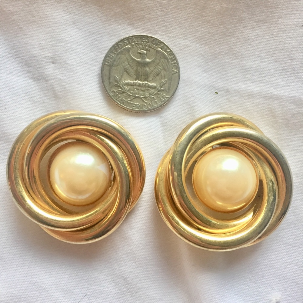 Large gold colored clip ons w pearl bead